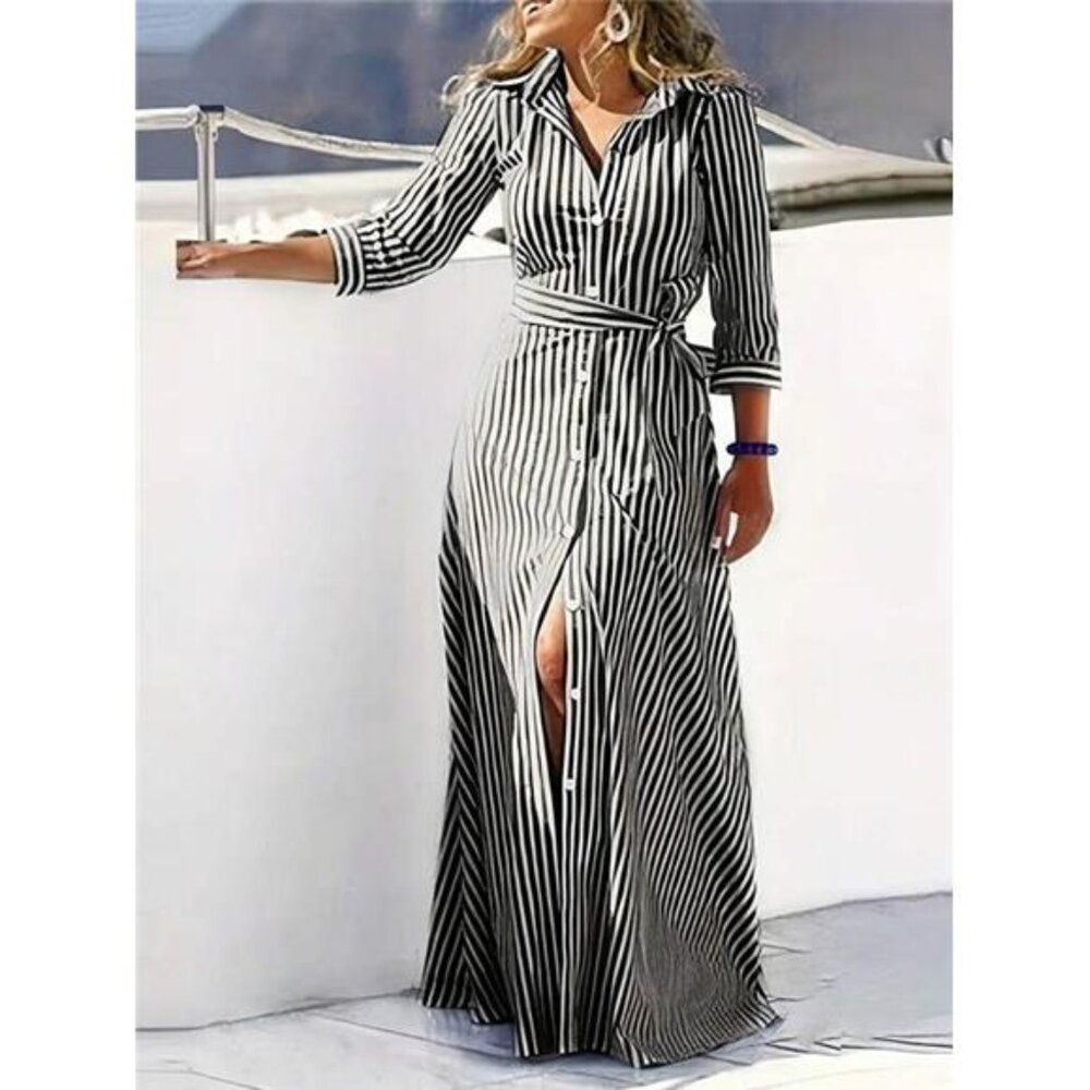 Frenchy Striped Belted Shirt Dress